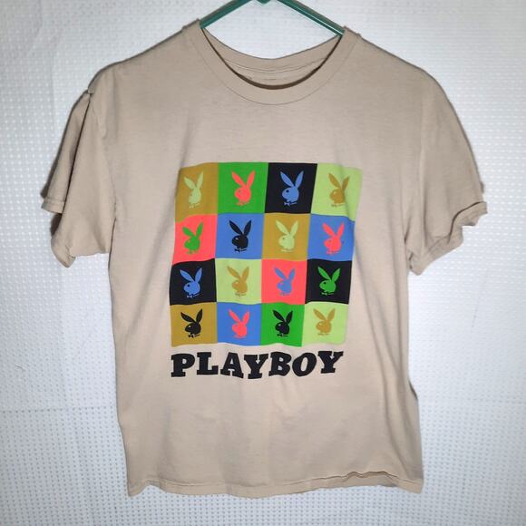Playboy M Graphic T-Shirt Multicolor Logo Grid Beige Pop Art Style Streetwear - Picture 1 of 4